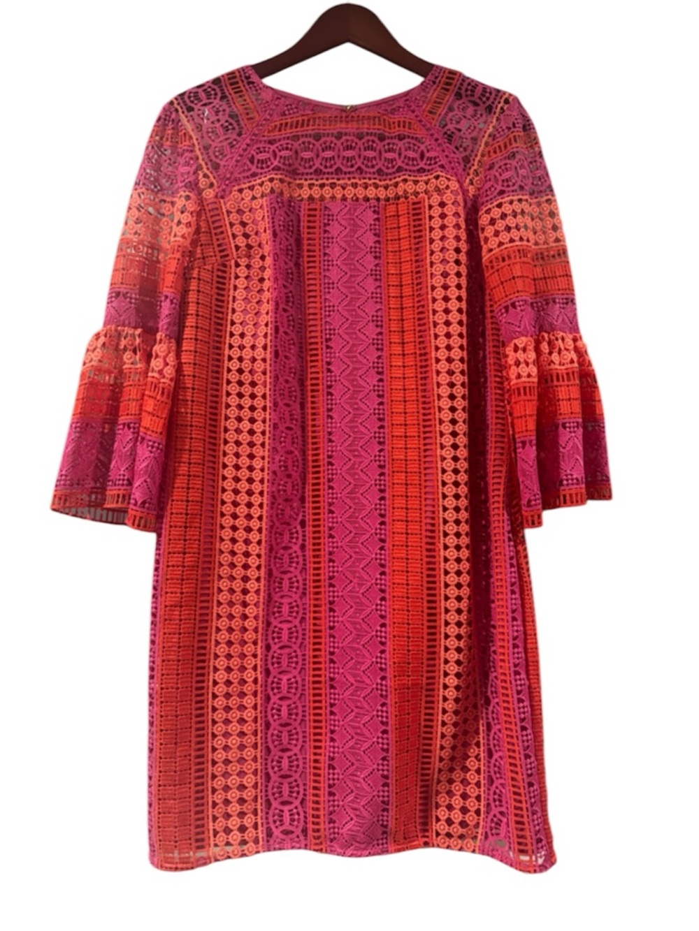 Trina Turk Lace Shift Dress Pink Orange Bell Sleeve Mini Dress Size 6 - Picture 2 of 5